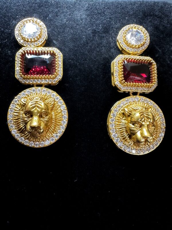 Geometric Roar: Silver Squares & Round Jewels Frame a Playful Lion red