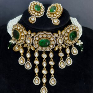 Real Gold Look Like Handmade Exclusive Victorian Green Choker Set With Semi Precious Pearls & Stones.