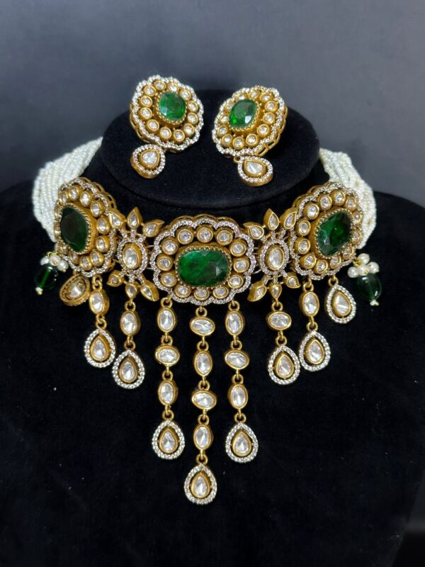 Real Gold Look Like Handmade Exclusive Victorian Green Choker Set With Semi Precious Pearls & Stones.